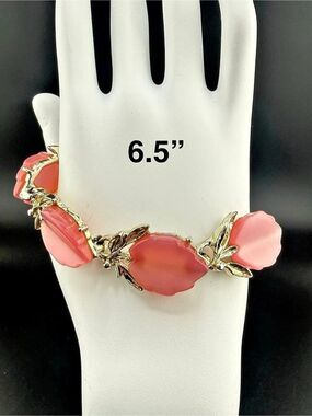 Vintage 1950s Pink Thermoset Gold Tone Leaf Link Bracelet